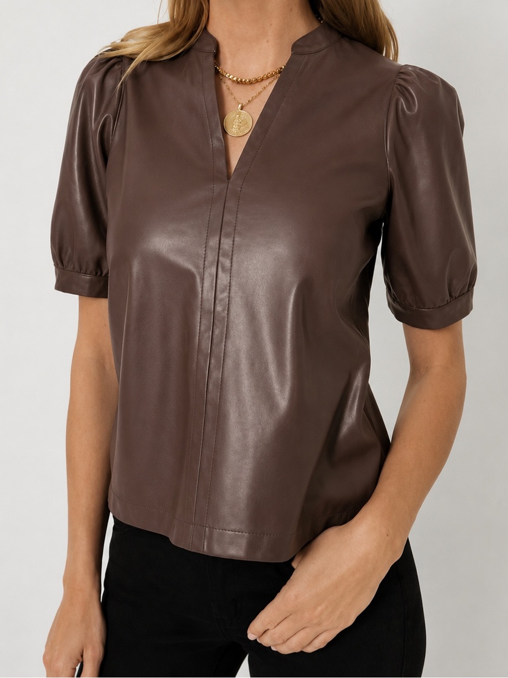 Tuckernuck Hyacinth House Brown Faux Leather Puff Sleeve Top Size M